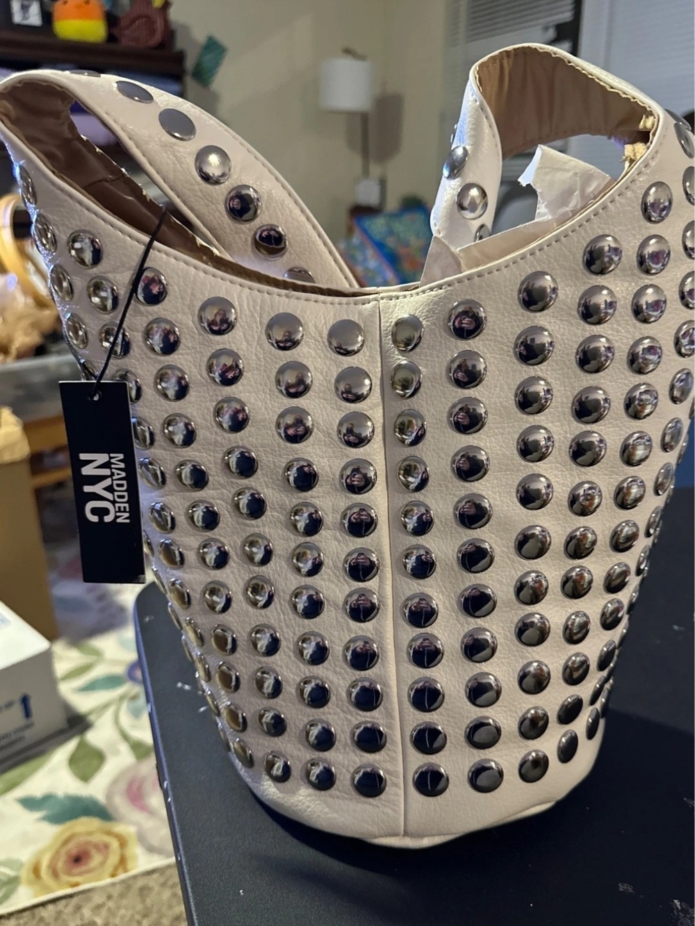 Madden NYC Cream Studded Shoulder Bucket Bag